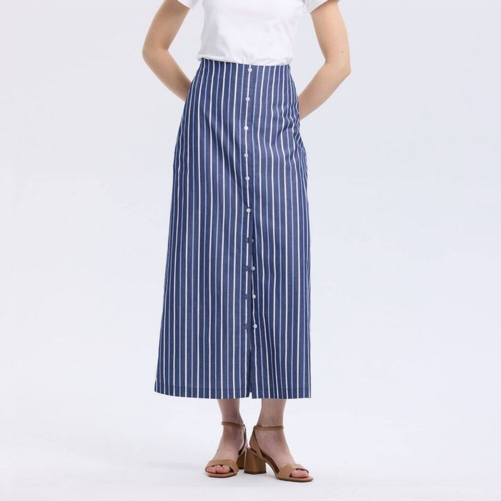 Women's Button-Front Woven Maxi Skirt - A New Day Slate Blue Striped XS